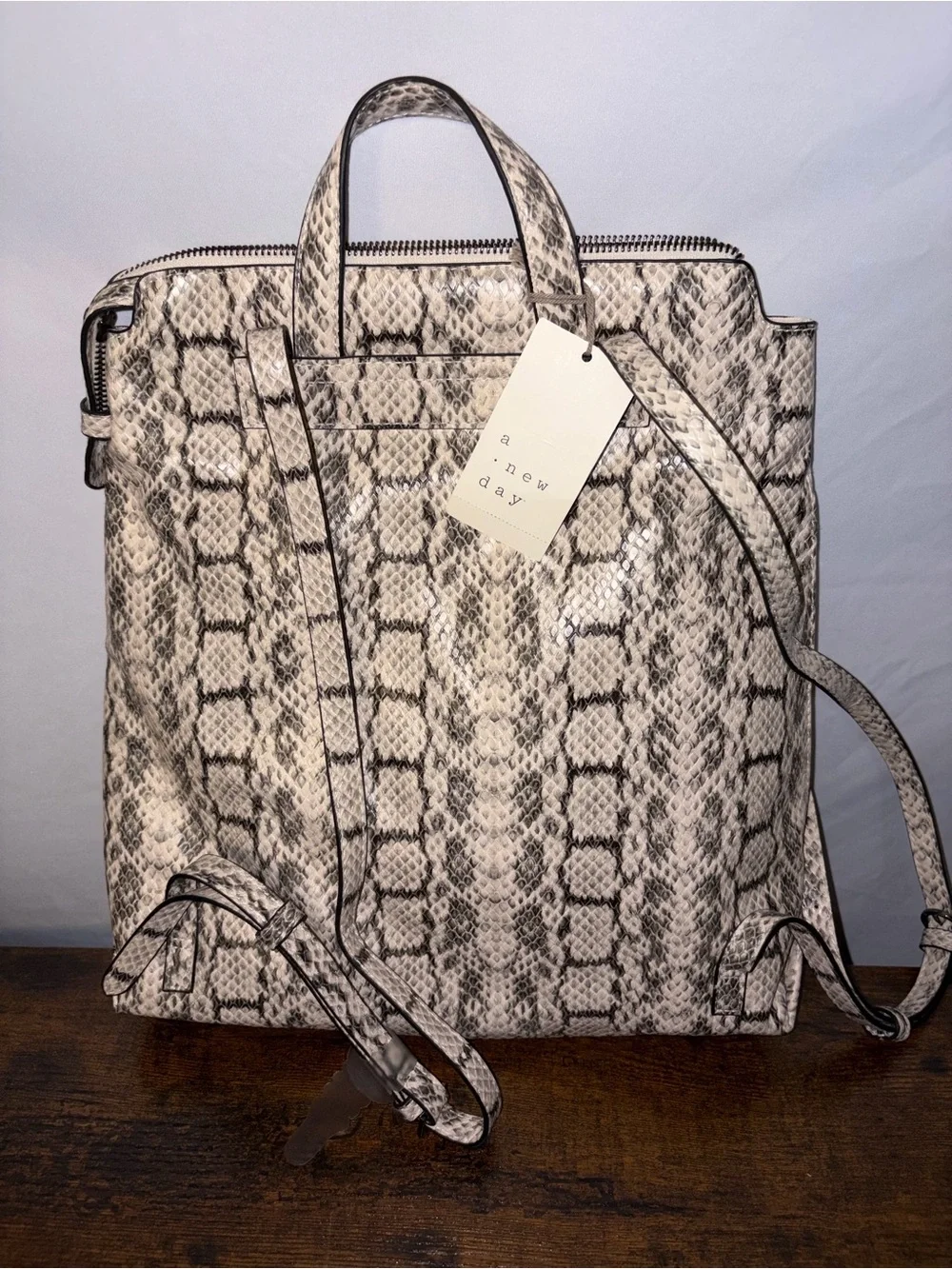 a new day Snake-Print Backpack Tote in Beige and Black